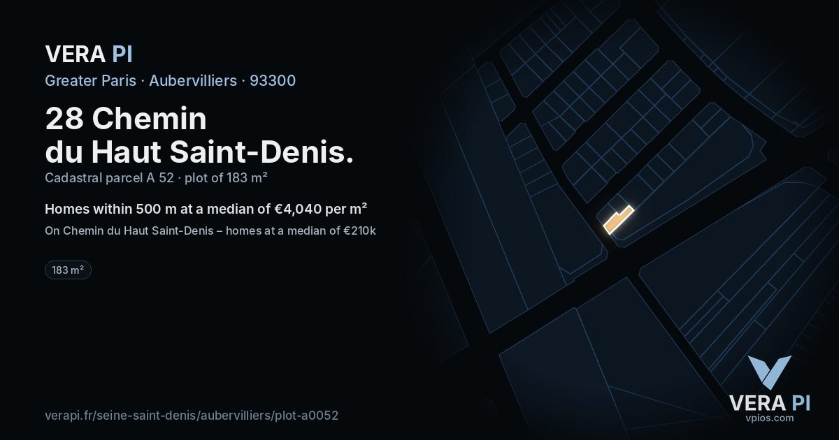 28 Chemin du Haut Saint-Denis, Aubervilliers at night – the plot lit, the parcels around coloured by the prices near them