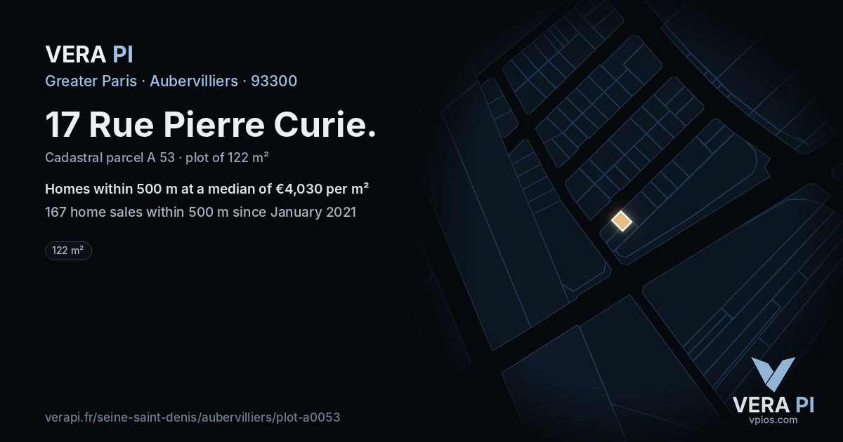 17 Rue Pierre Curie, Aubervilliers at night – the plot lit, the parcels around coloured by the prices near them