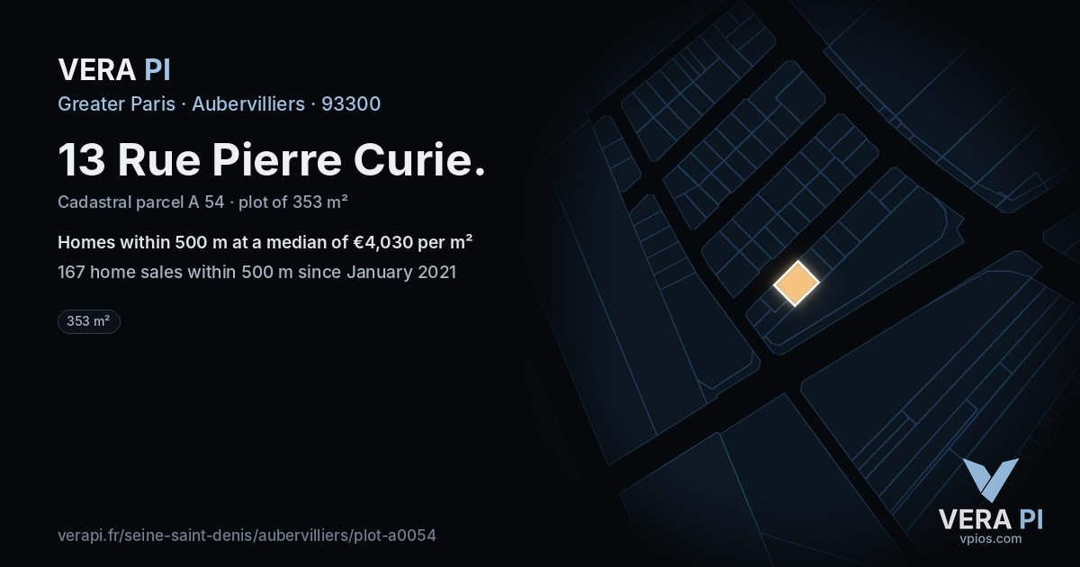 13 Rue Pierre Curie, Aubervilliers at night – the plot lit, the parcels around coloured by the prices near them