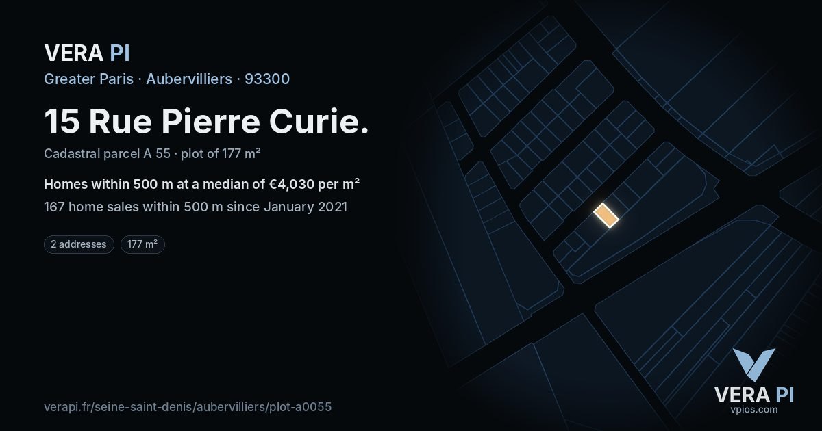 15 Rue Pierre Curie, Aubervilliers at night – the plot lit, the parcels around coloured by the prices near them
