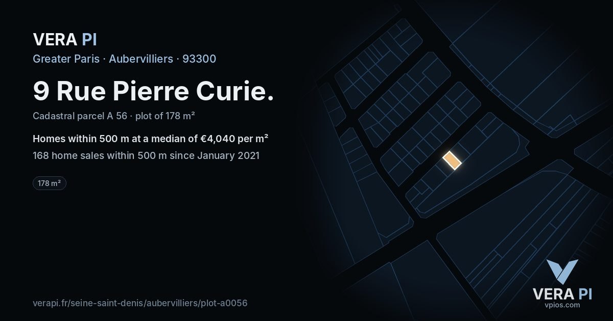 9 Rue Pierre Curie, Aubervilliers at night – the plot lit, the parcels around coloured by the prices near them