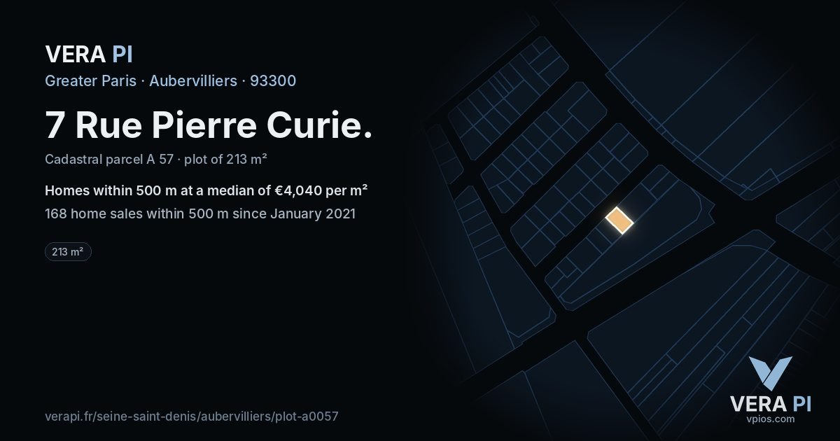 7 Rue Pierre Curie, Aubervilliers at night – the plot lit, the parcels around coloured by the prices near them