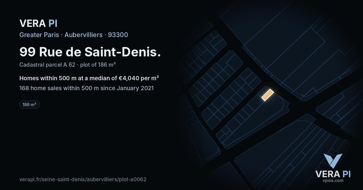 99 Rue de Saint-Denis, Aubervilliers at night – the plot lit, the parcels around coloured by the prices near them