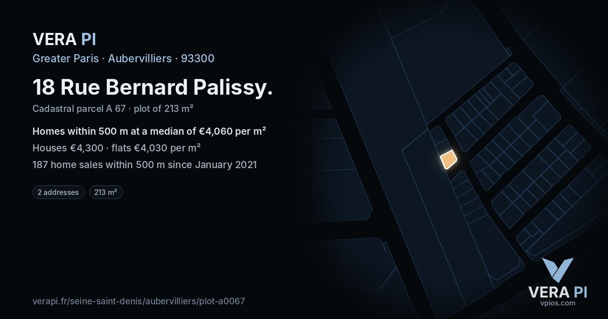 18 Rue Bernard Palissy, Aubervilliers at night – the plot lit, the parcels around coloured by the prices near them
