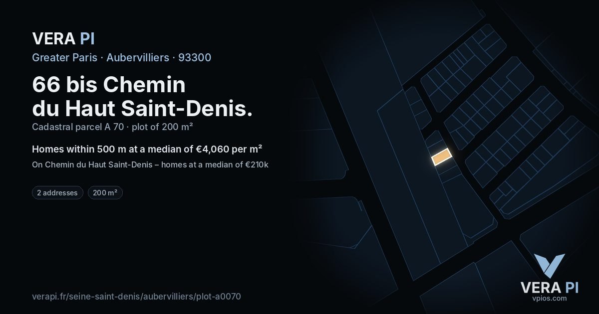 66 bis Chemin du Haut Saint-Denis, Aubervilliers at night – the plot lit, the parcels around coloured by the prices near them