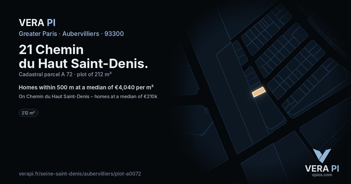 21 Chemin du Haut Saint-Denis, Aubervilliers at night – the plot lit, the parcels around coloured by the prices near them