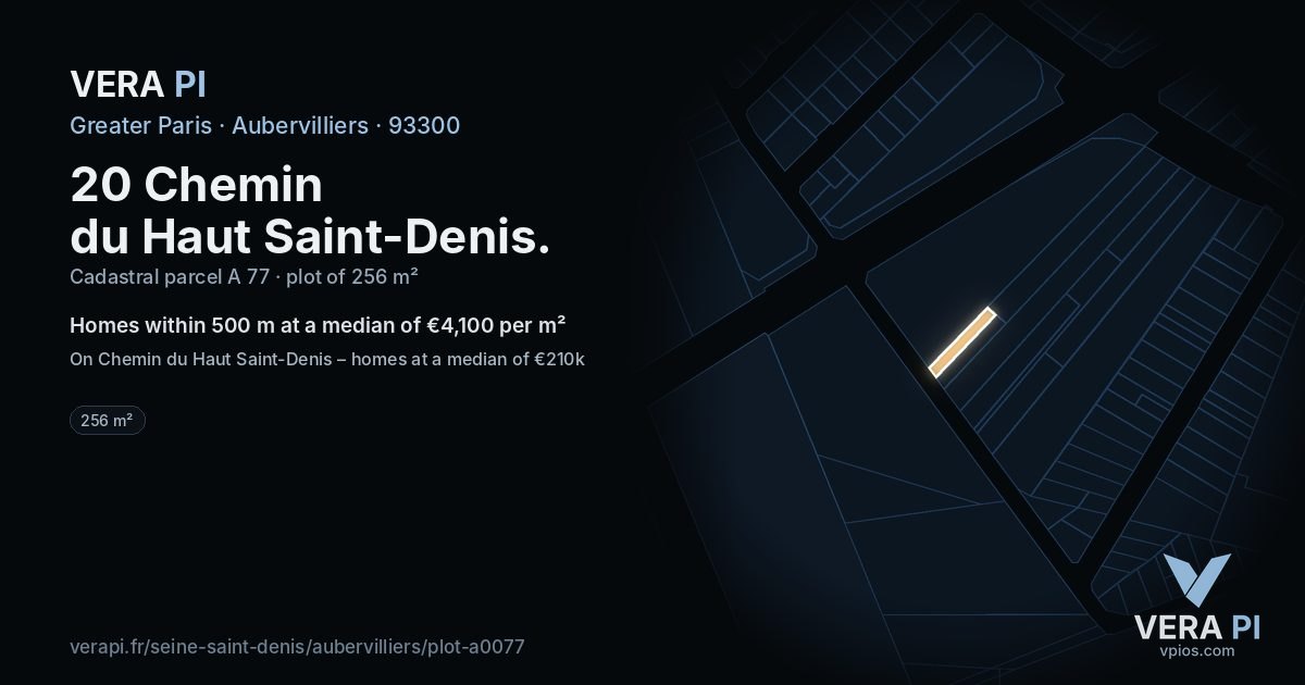 20 Chemin du Haut Saint-Denis, Aubervilliers at night – the plot lit, the parcels around coloured by the prices near them