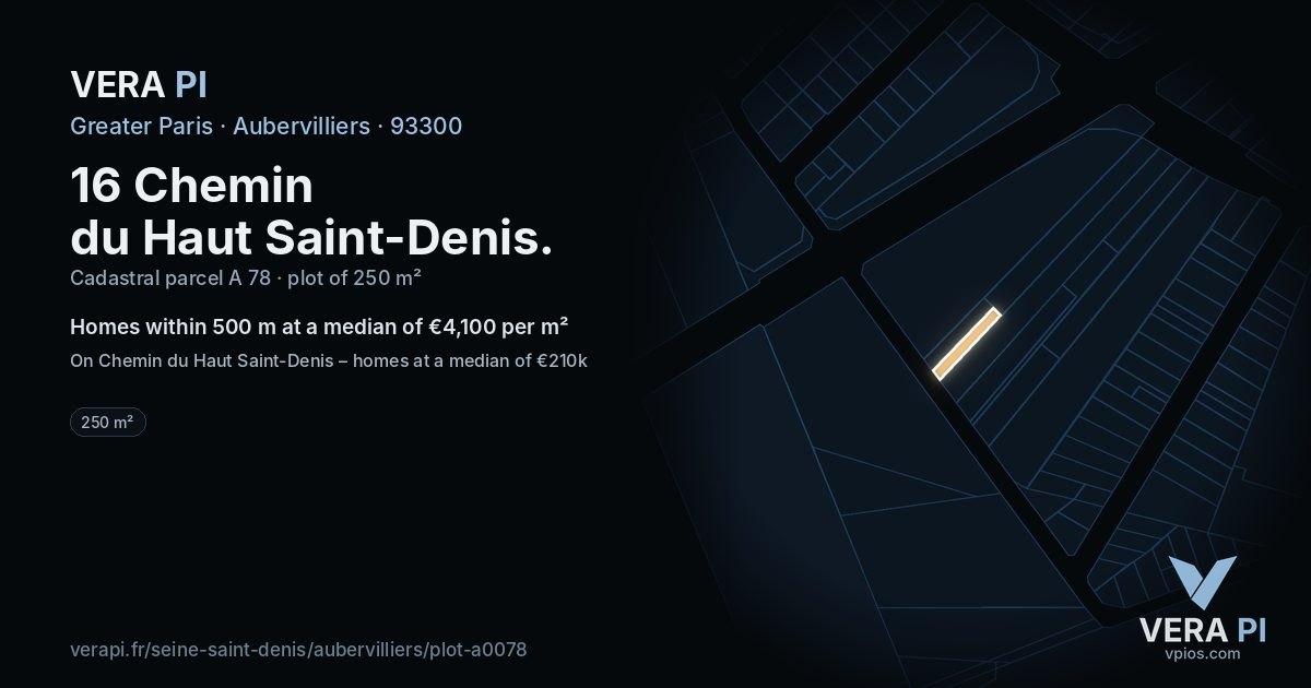 16 Chemin du Haut Saint-Denis, Aubervilliers at night – the plot lit, the parcels around coloured by the prices near them