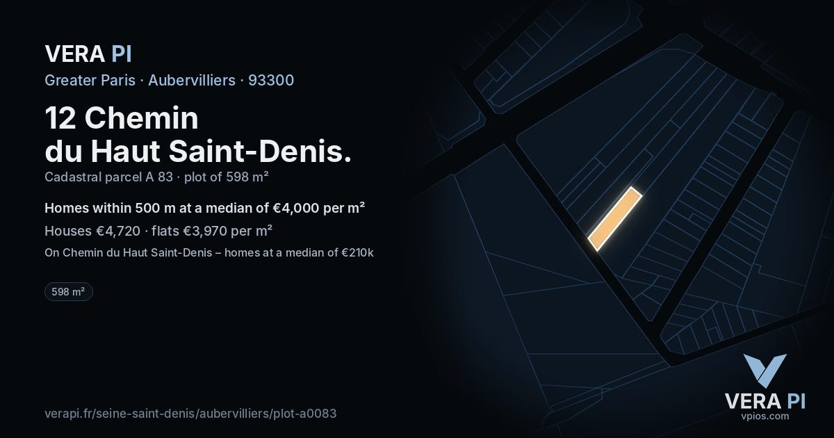 12 Chemin du Haut Saint-Denis, Aubervilliers at night – the plot lit, the parcels around coloured by the prices near them