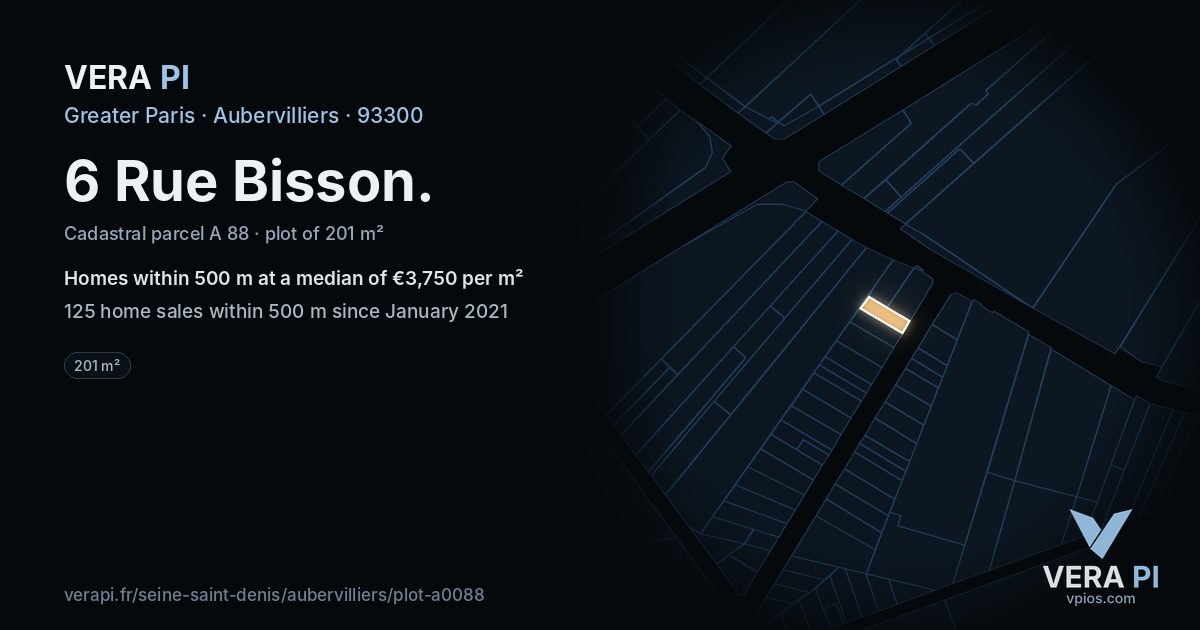 6 Rue Bisson, Aubervilliers at night – the plot lit, the parcels around coloured by the prices near them