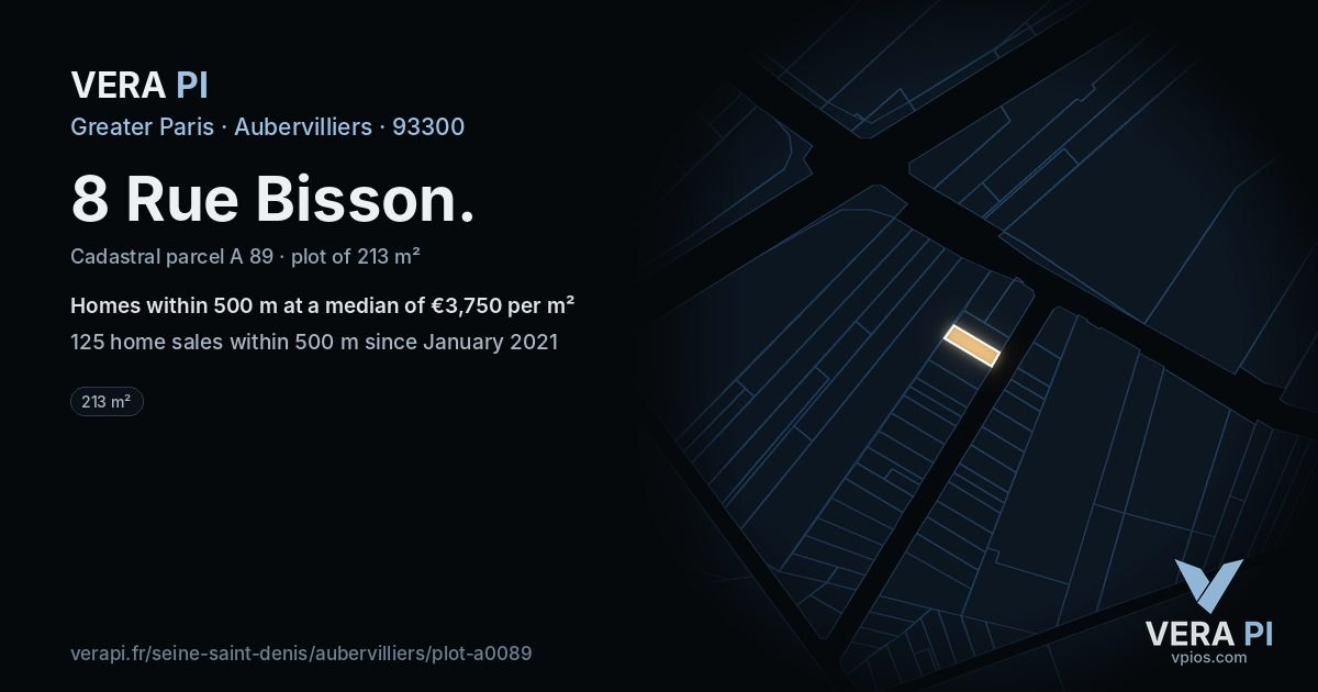 8 Rue Bisson, Aubervilliers at night – the plot lit, the parcels around coloured by the prices near them