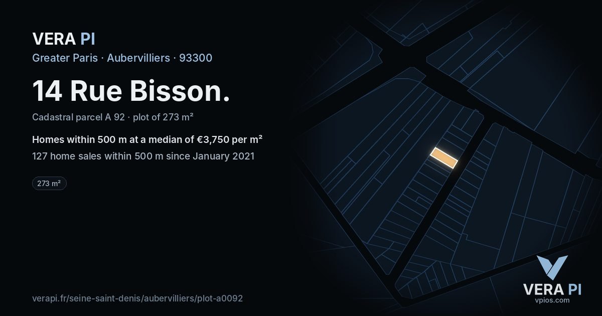 14 Rue Bisson, Aubervilliers at night – the plot lit, the parcels around coloured by the prices near them
