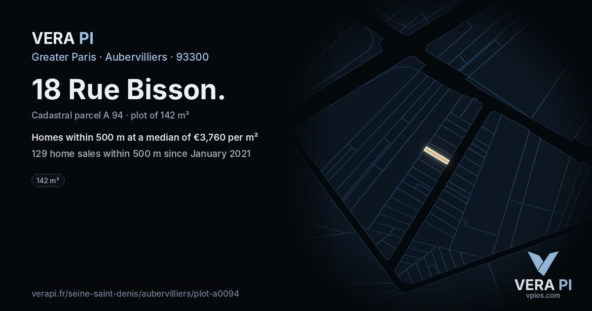 18 Rue Bisson, Aubervilliers at night – the plot lit, the parcels around coloured by the prices near them