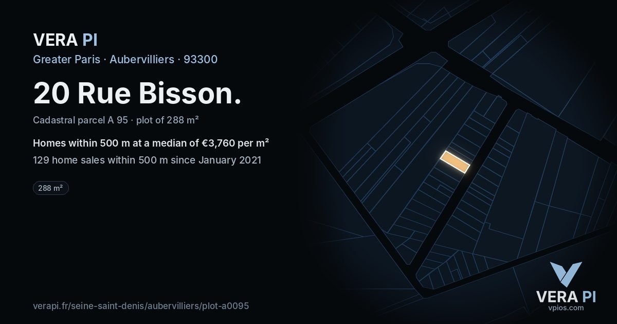20 Rue Bisson, Aubervilliers at night – the plot lit, the parcels around coloured by the prices near them