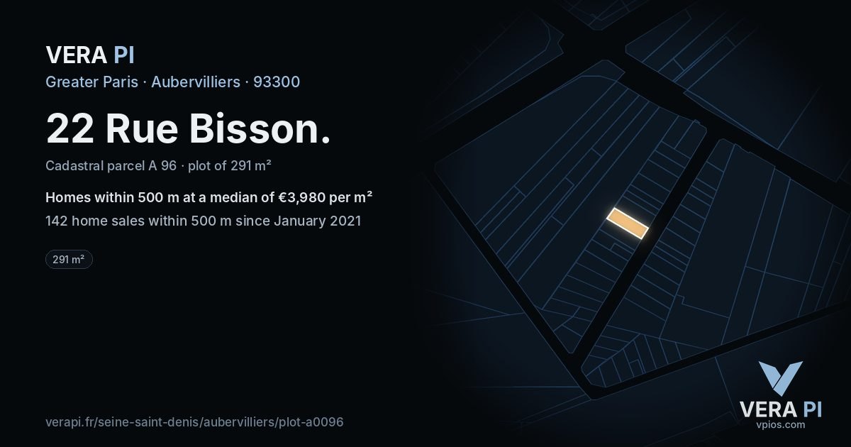 22 Rue Bisson, Aubervilliers at night – the plot lit, the parcels around coloured by the prices near them