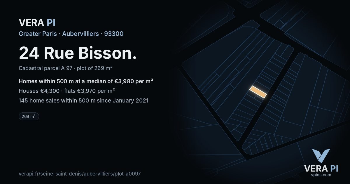 24 Rue Bisson, Aubervilliers at night – the plot lit, the parcels around coloured by the prices near them