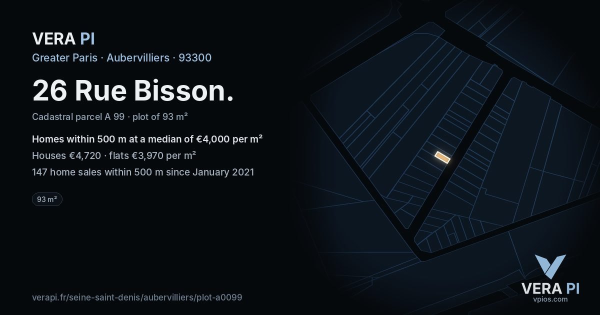 26 Rue Bisson, Aubervilliers at night – the plot lit, the parcels around coloured by the prices near them