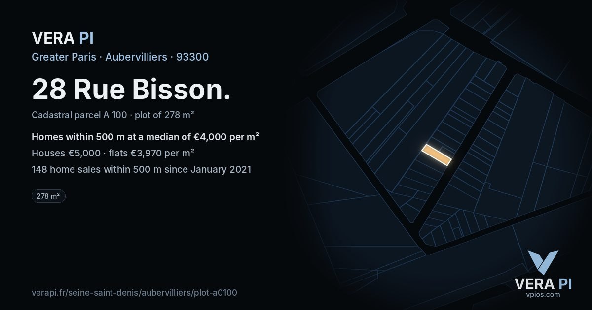 28 Rue Bisson, Aubervilliers at night – the plot lit, the parcels around coloured by the prices near them