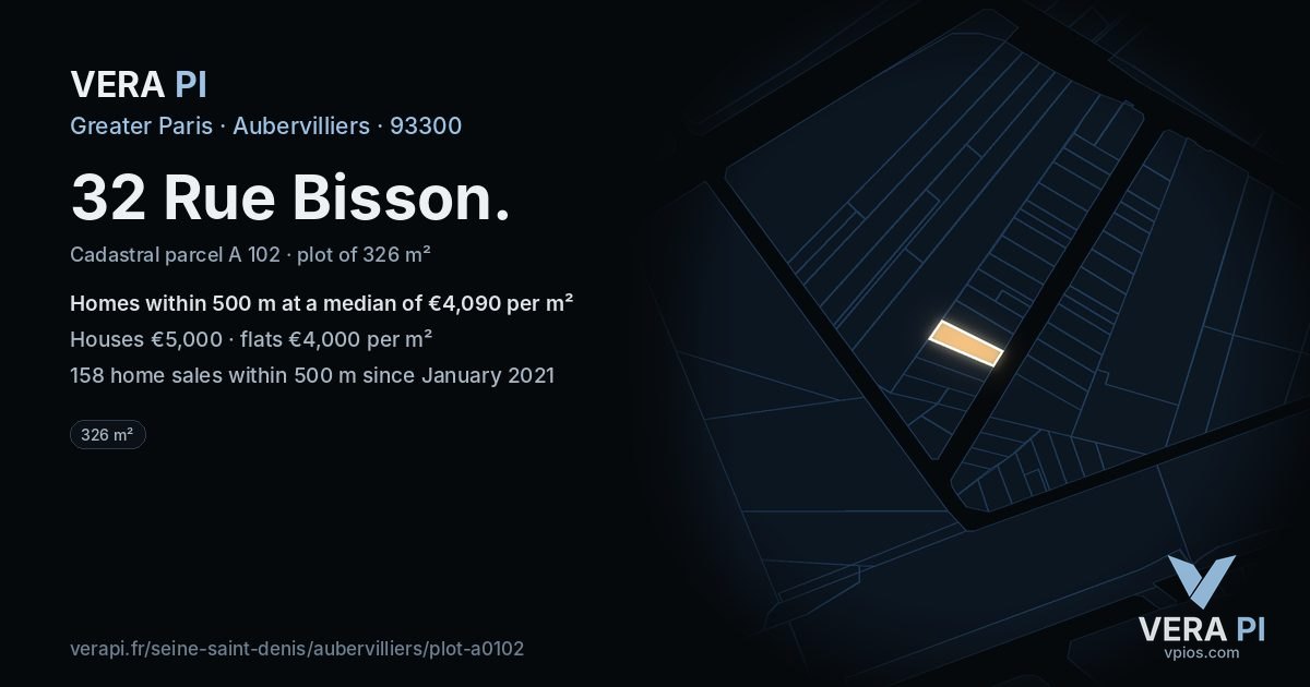 32 Rue Bisson, Aubervilliers at night – the plot lit, the parcels around coloured by the prices near them