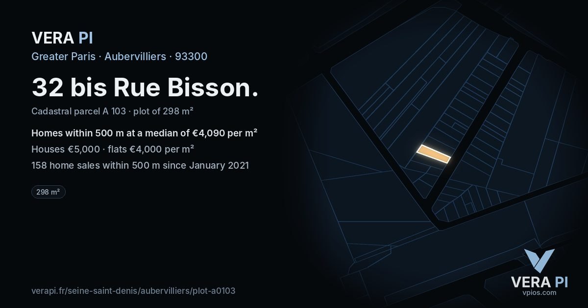32 bis Rue Bisson, Aubervilliers at night – the plot lit, the parcels around coloured by the prices near them