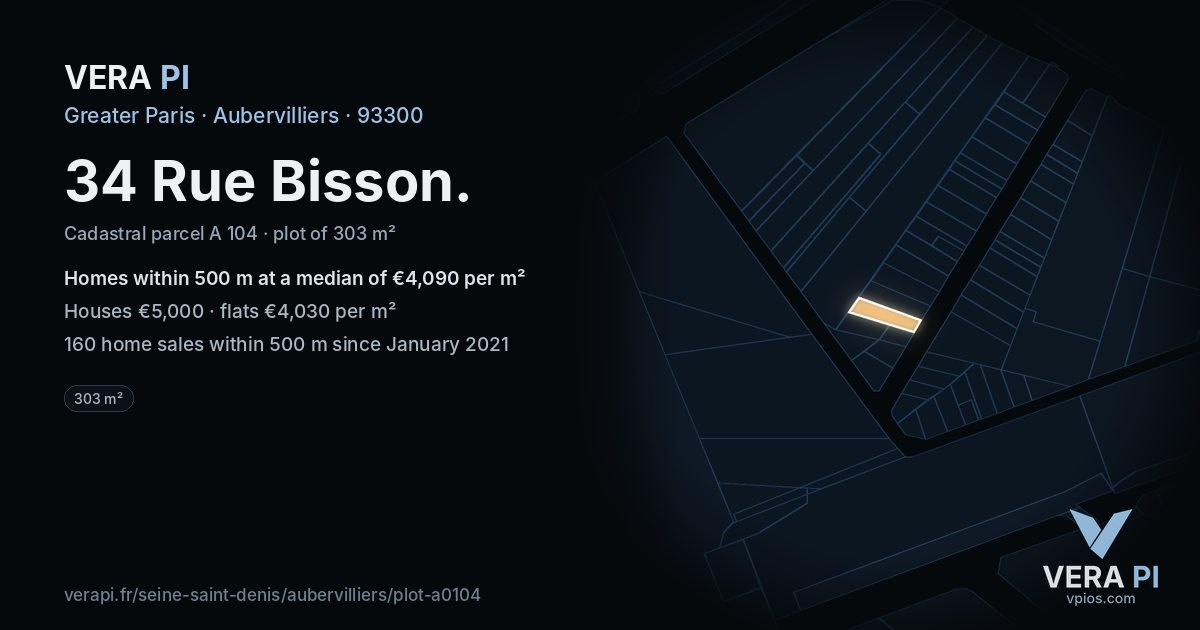 34 Rue Bisson, Aubervilliers at night – the plot lit, the parcels around coloured by the prices near them