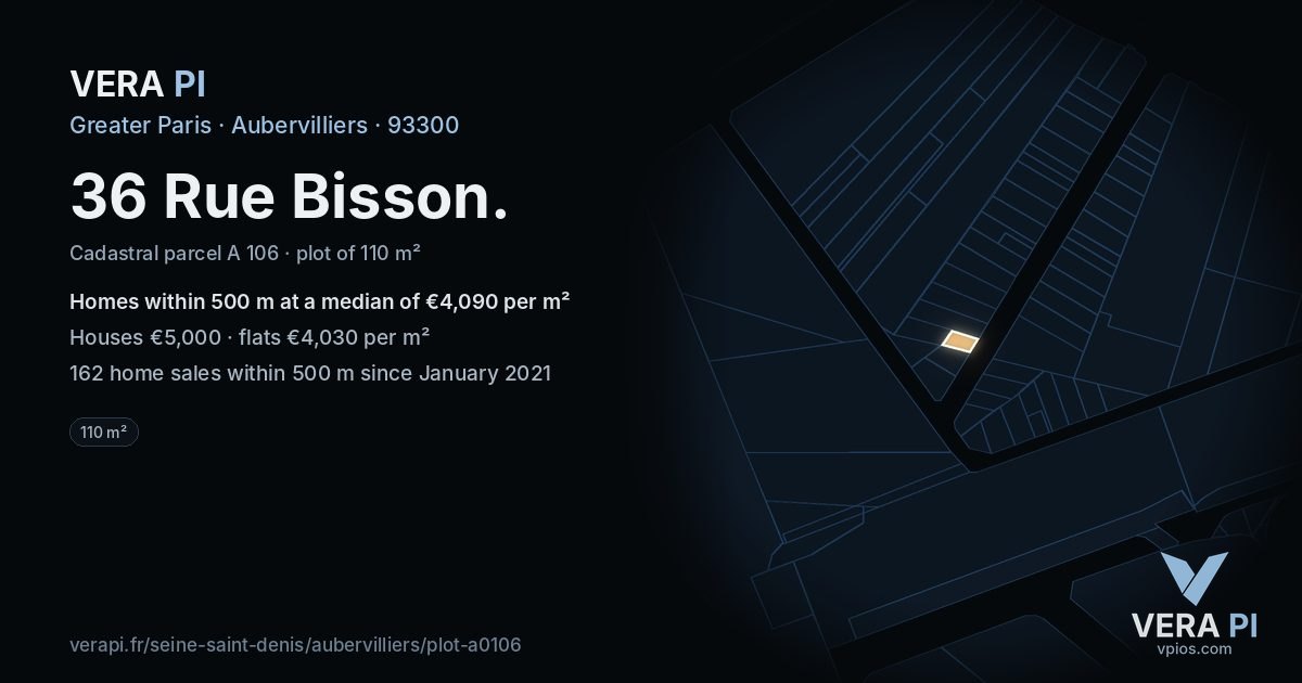 36 Rue Bisson, Aubervilliers at night – the plot lit, the parcels around coloured by the prices near them