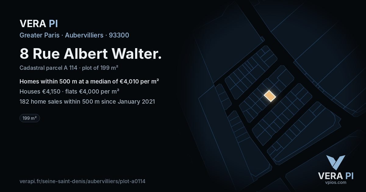 8 Rue Albert Walter, Aubervilliers at night – the plot lit, the parcels around coloured by the prices near them
