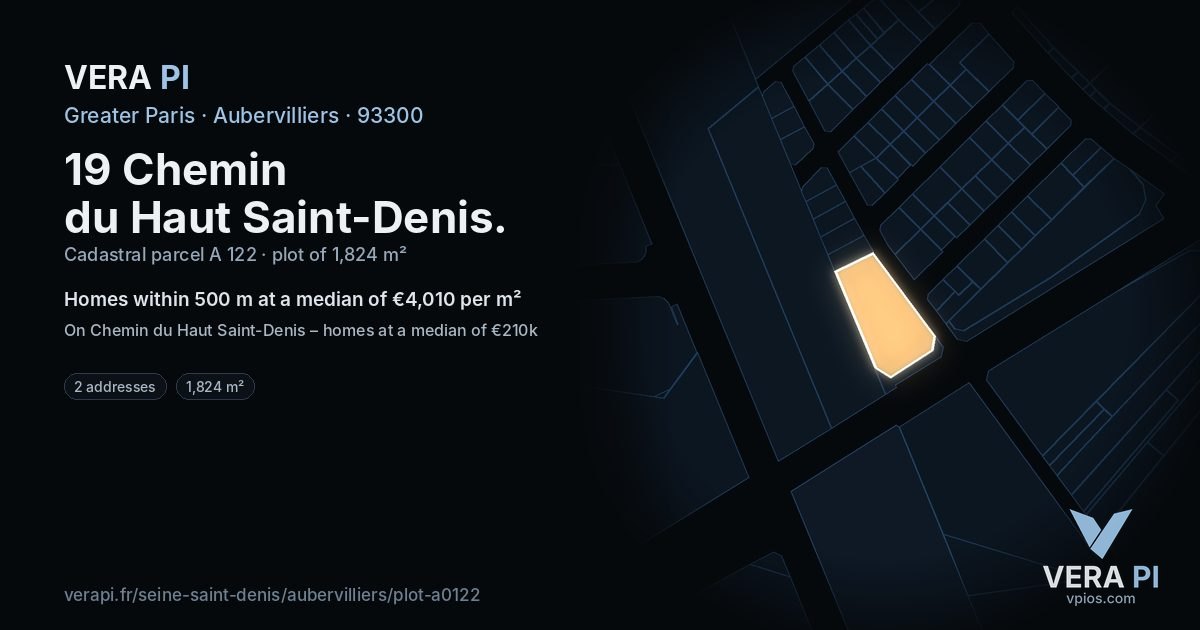 19 Chemin du Haut Saint-Denis, Aubervilliers at night – the plot lit, the parcels around coloured by the prices near them