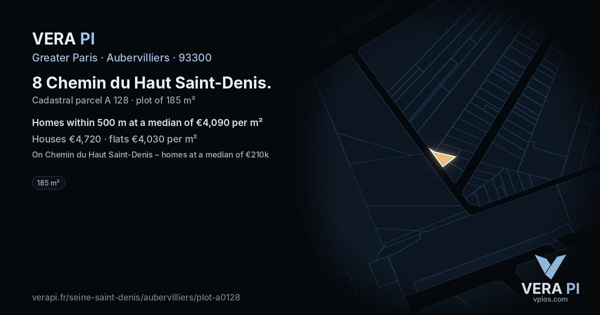 8 Chemin du Haut Saint-Denis, Aubervilliers at night – the plot lit, the parcels around coloured by the prices near them