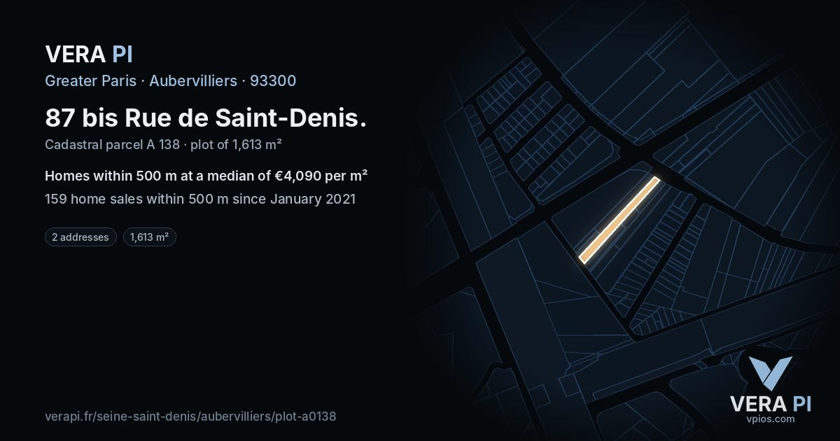 87 bis Rue de Saint-Denis, Aubervilliers at night – the plot lit, the parcels around coloured by the prices near them