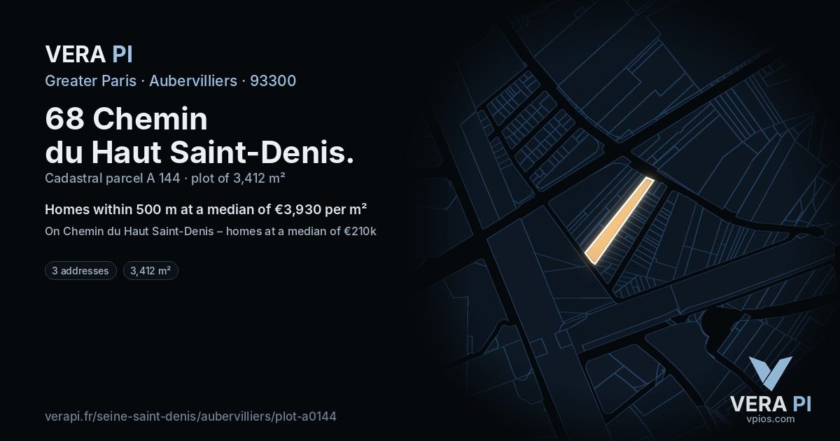 68 Chemin du Haut Saint-Denis, Aubervilliers at night – the plot lit, the parcels around coloured by the prices near them