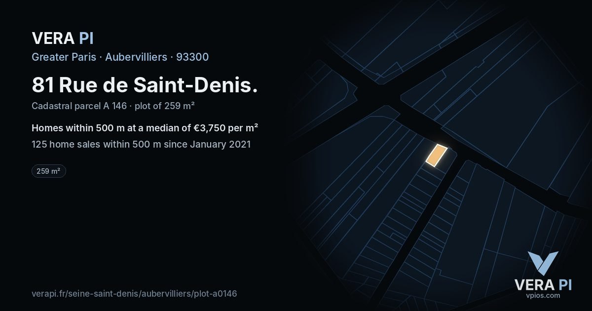81 Rue de Saint-Denis, Aubervilliers at night – the plot lit, the parcels around coloured by the prices near them