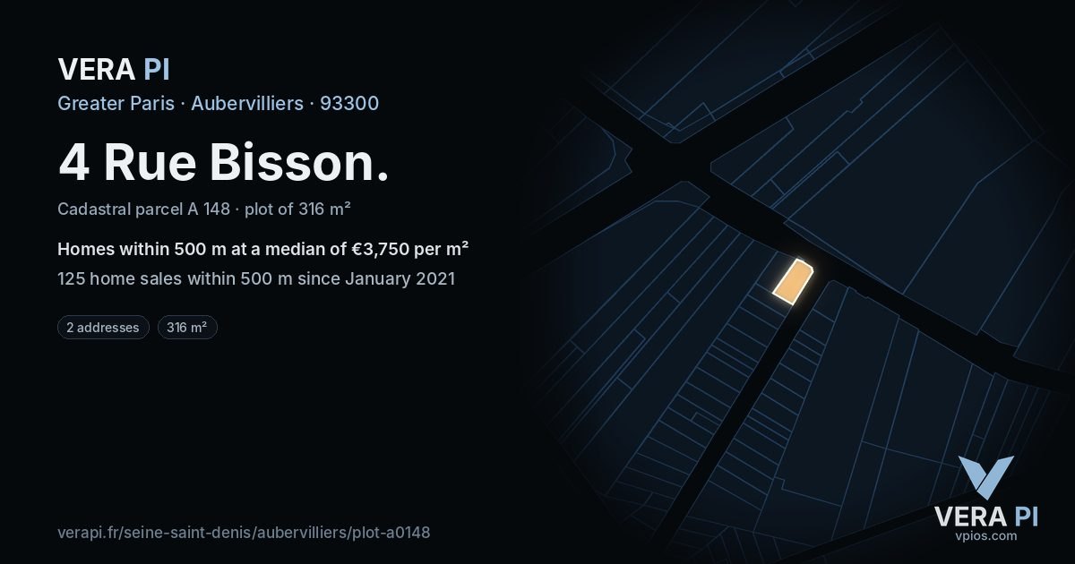4 Rue Bisson, Aubervilliers at night – the plot lit, the parcels around coloured by the prices near them
