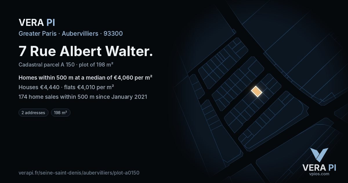 7 Rue Albert Walter, Aubervilliers at night – the plot lit, the parcels around coloured by the prices near them