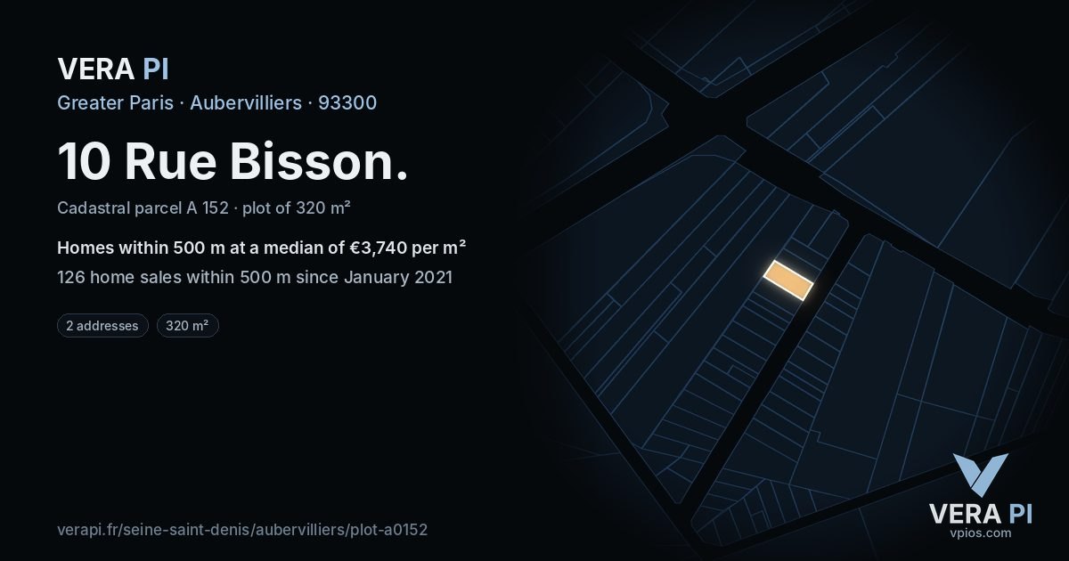 10 Rue Bisson, Aubervilliers at night – the plot lit, the parcels around coloured by the prices near them