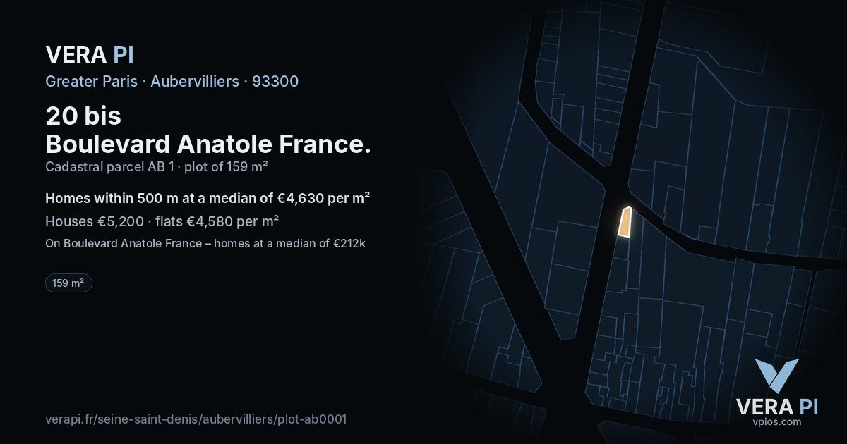 20 bis Boulevard Anatole France, Aubervilliers at night – the plot lit, the parcels around coloured by the prices near them