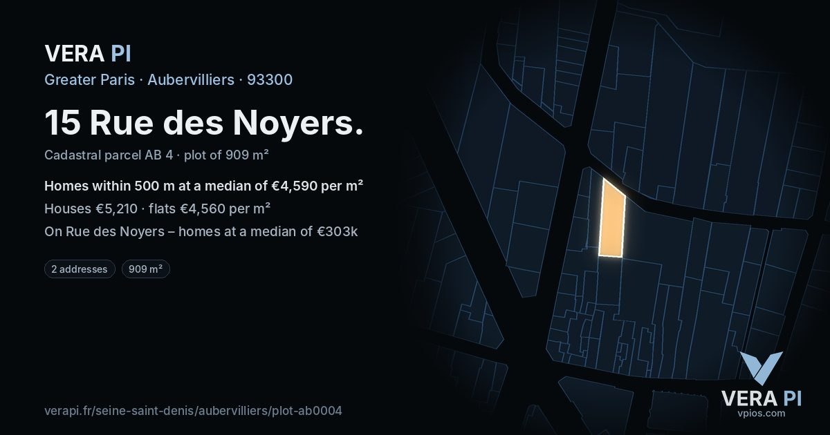 15 Rue des Noyers, Aubervilliers at night – the plot lit, the parcels around coloured by the prices near them