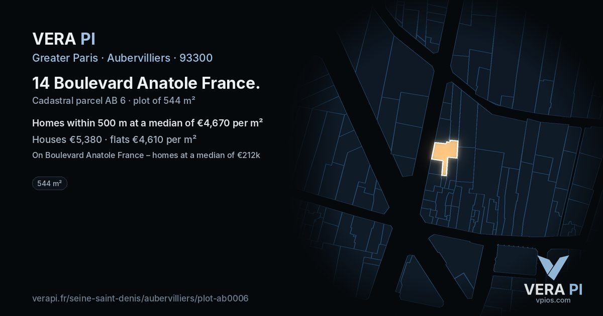 14 Boulevard Anatole France, Aubervilliers at night – the plot lit, the parcels around coloured by the prices near them