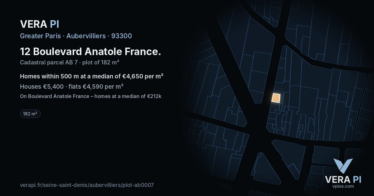 12 Boulevard Anatole France, Aubervilliers at night – the plot lit, the parcels around coloured by the prices near them