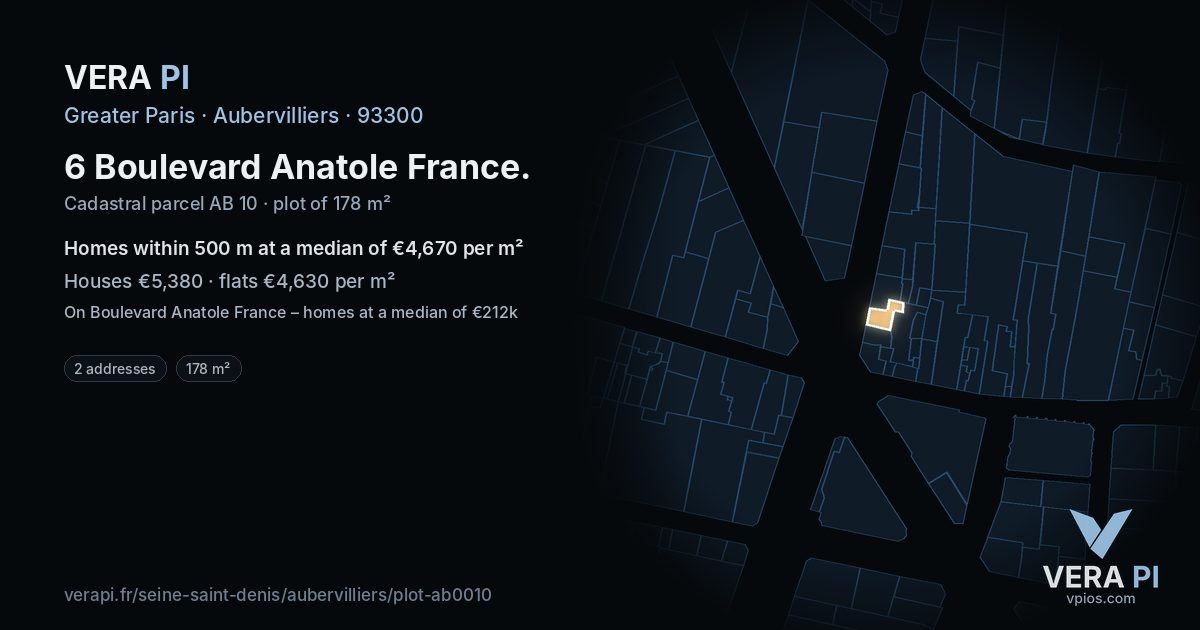 6 Boulevard Anatole France, Aubervilliers at night – the plot lit, the parcels around coloured by the prices near them