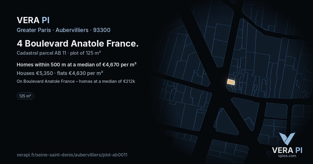 4 Boulevard Anatole France, Aubervilliers at night – the plot lit, the parcels around coloured by the prices near them