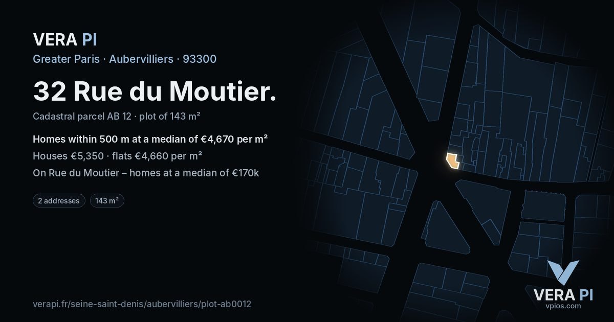 32 Rue du Moutier, Aubervilliers at night – the plot lit, the parcels around coloured by the prices near them