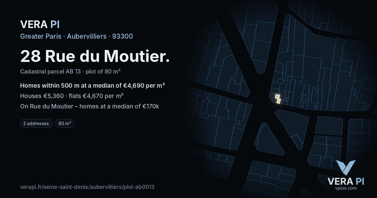 28 Rue du Moutier, Aubervilliers at night – the plot lit, the parcels around coloured by the prices near them