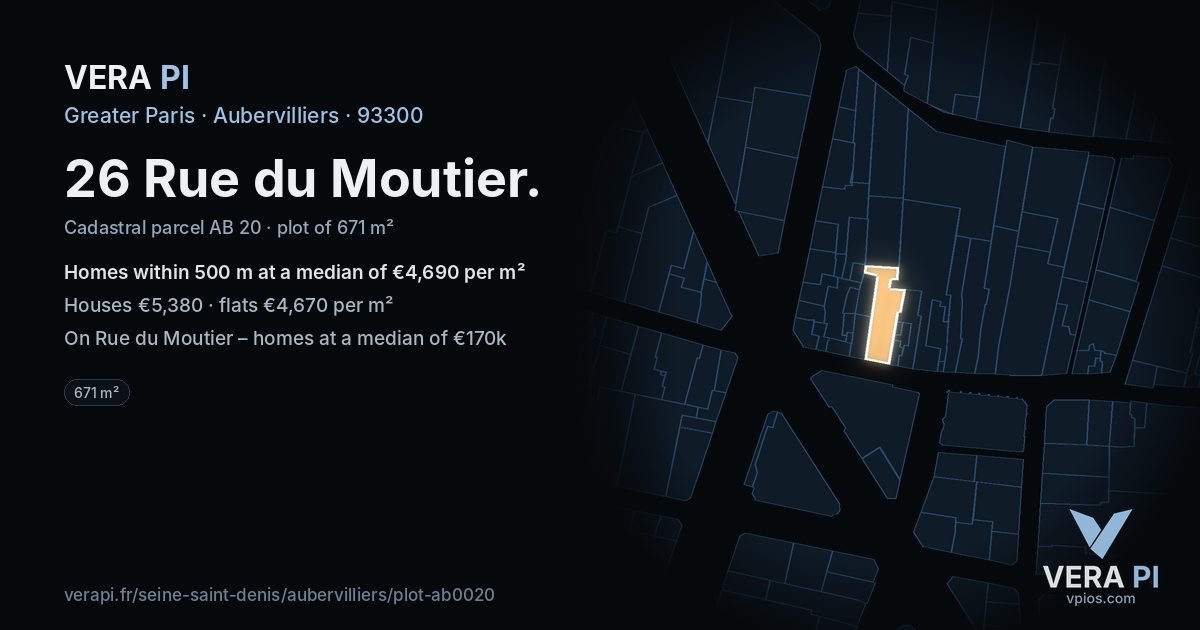 26 Rue du Moutier, Aubervilliers at night – the plot lit, the parcels around coloured by the prices near them