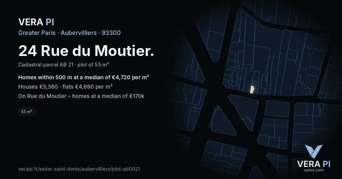 24 Rue du Moutier, Aubervilliers at night – the plot lit, the parcels around coloured by the prices near them