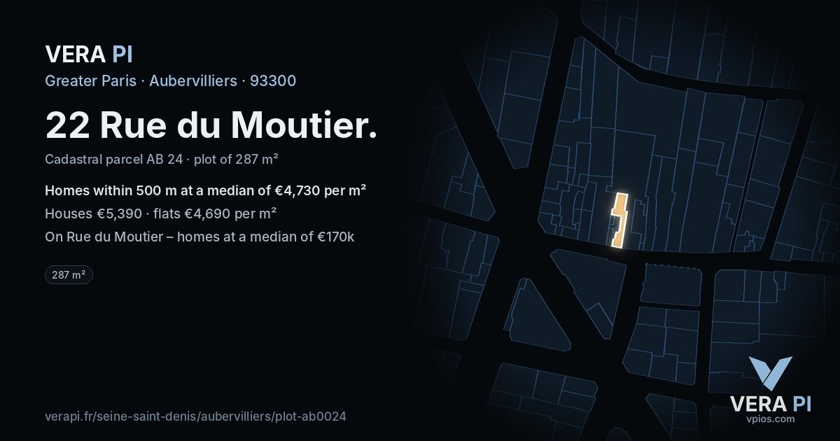 22 Rue du Moutier, Aubervilliers at night – the plot lit, the parcels around coloured by the prices near them