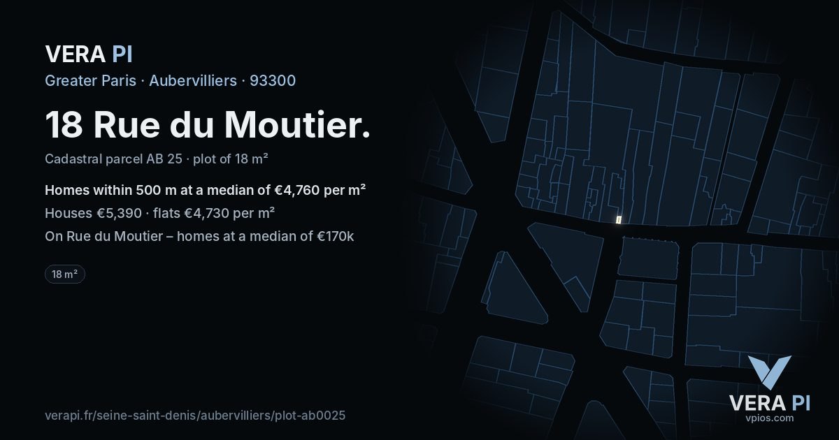 18 Rue du Moutier, Aubervilliers at night – the plot lit, the parcels around coloured by the prices near them