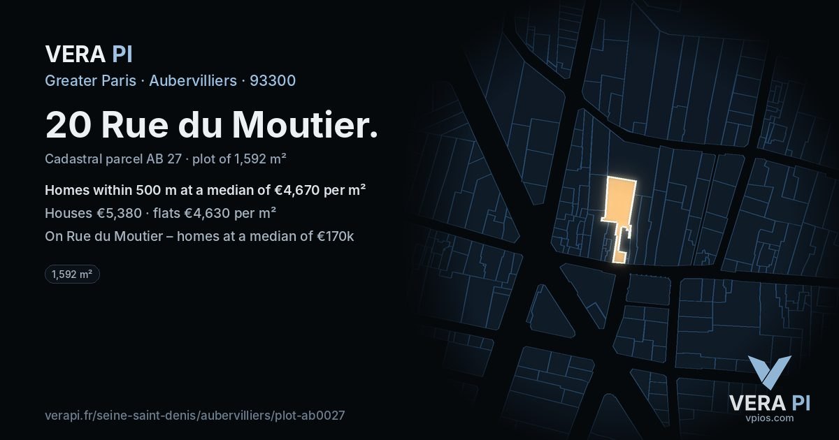 20 Rue du Moutier, Aubervilliers at night – the plot lit, the parcels around coloured by the prices near them