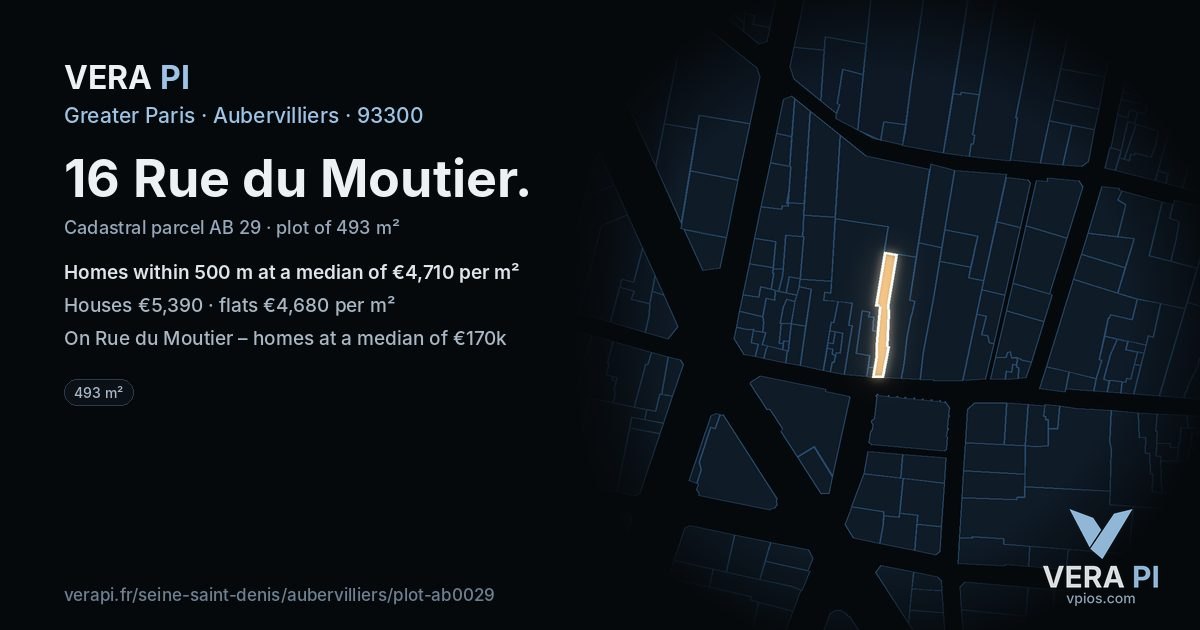 16 Rue du Moutier, Aubervilliers at night – the plot lit, the parcels around coloured by the prices near them