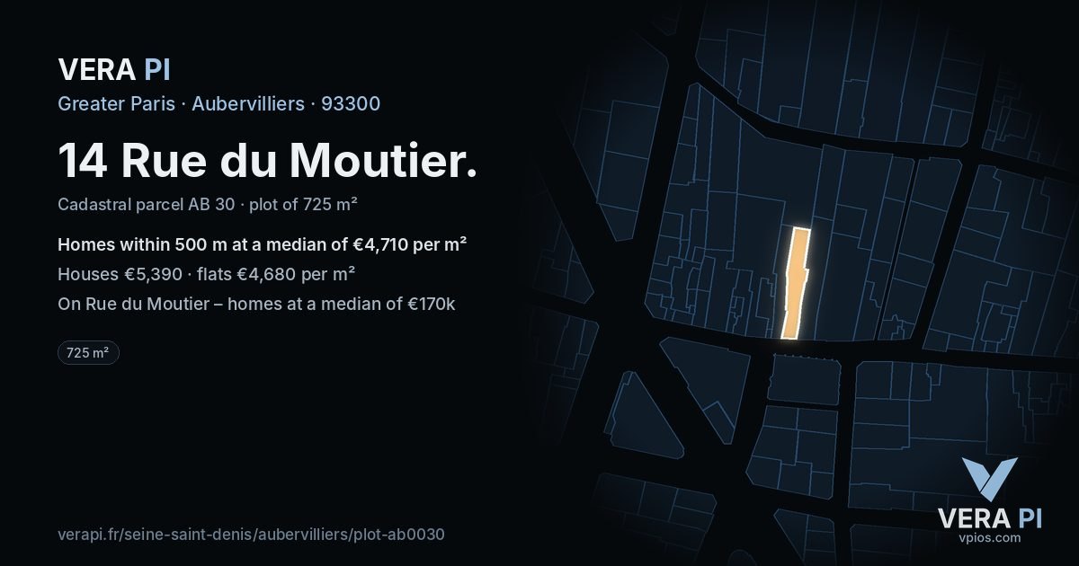 14 Rue du Moutier, Aubervilliers at night – the plot lit, the parcels around coloured by the prices near them